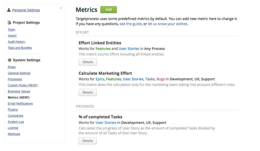 A list of configured metrics