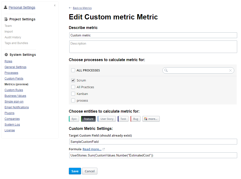 How to set up Custom Formula Metrics? Targetprocess Visual