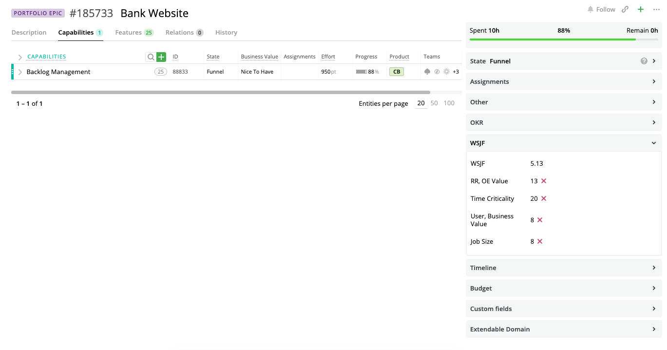WSJF Prioritization for Portfolio Epic Targetprocess Enterprise Agility Solution