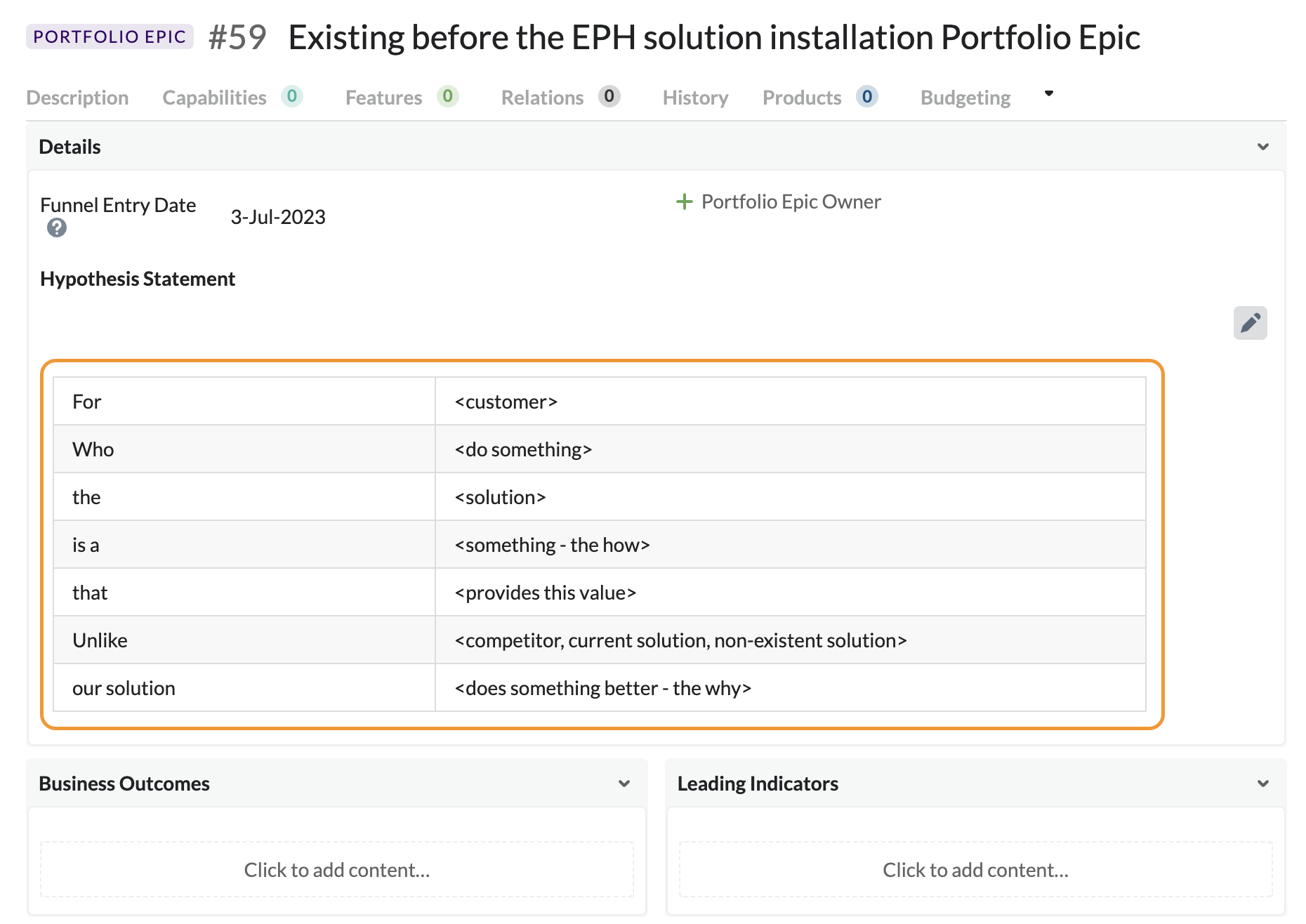 Epic Hypothesis Statement (EHS) Targetprocess Enterprise Agility